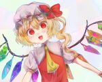  1girl :d ascot blonde_hair collared_shirt crystal fang flandre_scarlet frilled_ascot frilled_shirt_collar frilled_sleeves frills hat hat_ribbon kohello looking_at_viewer medium_hair mob_cap multicolored_wings open_mouth puffy_short_sleeves puffy_sleeves red_eyes red_vest ribbon shirt short_sleeves side_ponytail simple_background smile solo touhou vest white_headwear white_shirt wings yellow_ascot 