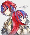  1girl alear_(fire_emblem) alear_(fire_emblem)_(female) alear_(fire_emblem)_(male) armor bangs blue_eyes blue_hair blush breasts crossed_bangs fire_emblem fire_emblem_engage heterochromia jewelry long_hair looking_at_viewer medium_breasts multicolored_hair nijihayashi red_eyes redhead short_hair smile tiara two-tone_hair very_long_hair 