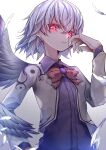  1girl 33_gaff closed_mouth dress feathered_wings feathers glowing glowing_eyes grey_hair grey_jacket hair_between_eyes jacket kishin_sagume long_sleeves open_clothes open_jacket purple_dress red_eyes short_hair simple_background single_wing solo touhou upper_body white_background white_wings wings 