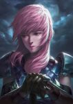  1girl absurdres armor bangs blue_eyes breastplate clouds cloudy_sky elbow_gloves final_fantasy final_fantasy_xiii final_fantasy_xiii-2 gloves hair_over_shoulder highres holding holding_sword holding_weapon kacheong lightning_farron lips long_hair looking_to_the_side metal_gloves night night_sky pink_hair plate_armor shoulder_armor sky solo sword weapon 