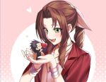  1boy 1girl absurdres aerith_gainsborough black_hair bracelet braid braided_ponytail brown_hair chibi couple crisis_core_final_fantasy_vii dress final_fantasy final_fantasy_vii final_fantasy_vii_remake green_eyes hair_ribbon heart highres holding holding_heart in_palms jacket jewelry long_hair looking_at_another miniboy montaro open_mouth pink_dress pink_ribbon red_jacket ribbon spiky_hair zack_fair 