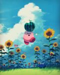  blue_sky bug butterfly character_request clouds day flower food fruit gooey_(kirby) highres kirby kirby_(series) looking_at_another looking_at_viewer open_mouth outdoors sky smile summer sunflower suyasuyabi watermelon 