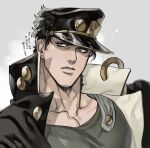  1boy black_hair black_headwear chain collarbone earrings gakuran green_eyes green_shirt grey_background hat highres jewelry jojo_no_kimyou_na_bouken kujo_jotaro looking_to_the_side male_focus muscular muscular_male nitako parted_lips school_uniform shirt solo stardust_crusaders stud_earrings twitter_username upper_body watermark 