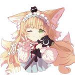 1girl ;) absurdres animal animal_ear_fluff animal_ears arknights bangs black_cat blonde_hair blue_dress blue_hairband cat closed_mouth commentary_request cropped_torso dress fox_ears fox_girl fox_tail frilled_hairband frills gangqixi_199804 green_eyes hairband heixiu highres holding holding_animal long_hair long_sleeves looking_at_viewer luoxiaohei neck_ribbon okasaki_ushio_(03103335) one_eye_closed puffy_long_sleeves puffy_sleeves red_ribbon ribbon shirt simple_background sleeves_past_wrists smile suzuran_(arknights) suzuran_(spring_praise)_(arknights) tail the_legend_of_luo_xiaohei upper_body v white_background white_shirt