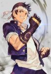  1boy black_hair blue_gloves blue_jacket blue_pants brown_eyes clenched_hand clenched_teeth cowboy_shot cropped_jacket fighting_stance fingerless_gloves gloves grin hankuri headband jacket looking_at_viewer male_focus pants shirt short_hair sleeves_rolled_up smile solo teeth the_king_of_fighters white_headband white_shirt yabuki_shingo 