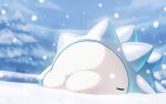  closed_eyes clouds commentary_request day lying naoki_eguchi no_humans on_stomach outdoors pokemon pokemon_(creature) sky sleeping snom snow snowing solo 