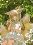  1girl :3 ahoge alternate_costume animal_ear_fluff animal_ears arknights arm_garter bangs blonde_hair blunt_bangs bush closed_mouth collared_dress commentary_request cowboy_shot dress flower fox_ears fox_tail frilled_hairband frills green_eyes green_neckerchief hairband highres long_hair looking_at_viewer multicolored_hair multiple_tails neckerchief sitting solo suzuran_(arknights) tail two-tone_hair white_dress white_flower white_hair white_hairband wristband zheshe_jing 