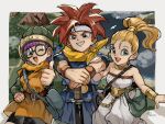  1boy 2girls :d aqua_eyes artist_name ascot bag bare_shoulders belt blonde_hair chain chrono_trigger clenched_teeth commentary cowboy_shot crono_(chrono_trigger) glasses green_bag hand_on_hip handbag helmet high_ponytail highres holding_another&#039;s_arm looking_at_viewer lucca_ashtear marle_(chrono_trigger) multiple_girls muscular muscular_male one_eye_closed open_mouth outdoors purple_hair redhead shadow smile spiky_hair sword teeth thick_eyebrows tunic upper_teeth uzutanco weapon yellow_ascot 