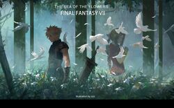  1boy 1girl absurdres aerith_gainsborough armor artist_name bangle bangs belt bird bracelet braid braided_ponytail brown_hair buster_sword closed_eyes cloud_strife dove dress facing_away falling_feathers final_fantasy final_fantasy_vii flock flower forest gloves hair_between_eyes hair_ribbon highres jacket jewelry long_hair multiple_belts nature outdoors own_hands_clasped own_hands_together parted_bangs pink_dress pink_ribbon planted planted_sword red_jacket ribbon short_hair short_sleeves shoulder_armor sidelocks sleeveless sleeveless_turtleneck smile spiky_hair suspenders sword tree turtleneck weapon white_flower zzz_(orchid-dale) 