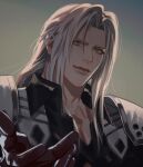  1boy armor backlighting bangs black_gloves black_jacket boooshow chest_strap final_fantasy final_fantasy_vii final_fantasy_vii_remake gloves green_eyes grey_background grey_hair high_collar jacket long_bangs long_hair looking_at_viewer male_focus outstretched_hand parted_bangs reaching_out sephiroth shoulder_armor slit_pupils smile solo upper_body 