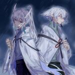  2boys back-to-back bai_xiao bishounen blue_eyes bob_cut chishuixiaowangzi closed_eyes daleth_(sky:_children_of_the_light) earrings grey_hair high_ponytail highres holding inverted_bob jewelry male_focus multiple_boys pointy_hair ponytail profile short_hair sky:_children_of_the_light tassel tassel_earrings white_hair 