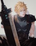  1boy aqua_eyes armor baggy_pants belt black_gloves blonde_hair blue_shirt boooshow buster_sword cloud_strife final_fantasy final_fantasy_vii final_fantasy_vii_remake gloves grey_background hair_between_eyes holding holding_sword holding_weapon looking_to_the_side male_focus materia multiple_belts pants shirt short_hair shoulder_armor sitting sleeveless sleeveless_turtleneck solo spiky_hair suspenders sword turtleneck weapon 