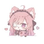  ahoge animal_ear_fluff animal_ears bangs black_bow blush bow brooch button_eyes cat_ears chibi eyepatch flat_chest frilled_hairband frills gothic_lolita hair_ribbon hairband heart heterochromia indie_virtual_youtuber jewelry lolita_fashion long_hair medical_eyepatch mikeneko_(utaite) niconico open_mouth pink_hair pon-chan_(mikeneko) red_eyes ribbon shinyo_yukino sidelocks simple_background upper_body violet_eyes 