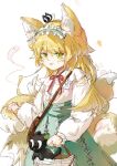 1girl absurdres animal_ears animal_on_head arknights bag basket black_cat blonde_hair brown_bag cat cat_on_head cowboy_shot flower fox_ears fox_girl fox_tail frilled_hairband frills green_eyes green_hairband green_skirt hair_down hairband high-waist_skirt highres holding holding_basket kitsune long_hair long_sleeves looking_at_viewer luo_fei_yu_ya multiple_tails neck_ribbon official_alternate_costume on_head parted_lips red_ribbon ribbon satchel shirt shoulder_bag sketch skirt solo suzuran_(arknights) suzuran_(spring_praise)_(arknights) tail white_shirt