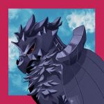  bird black_sclera border clouds colored_sclera commentary_request corviknight from_side gogot highres no_humans pink_border pokemon pokemon_(creature) red_eyes sky solo 