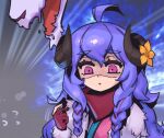  1girl :o ahoge bangs braid flower fur_trim gloves hair_between_eyes hand_up horns kindred_(league_of_legends) lamb_(league_of_legends) league_of_legends long_hair multicolored_background official_alternate_costume open_mouth orange_flower phantom_ix_row pink_eyes portrait purple_hair red_gloves red_scarf scarf shiny shiny_hair spirit_blossom_kindred twin_braids wolf_(league_of_legends) 