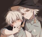  2boys bishounen cape earrings grateful_shell_collector grey_hair hat highres jewelry looking_at_viewer male_focus mischief_witch multiple_boys short_hair sky:_children_of_the_light suo30238 tassel tassel_earrings white_hair witch_hat yellow_eyes 