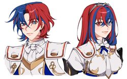  1boy 1girl absurdres alear_(fire_emblem) alear_(fire_emblem)_(female) alear_(fire_emblem)_(male) armor bangs blue_eyes blue_hair blush breasts crossed_bangs fire_emblem fire_emblem_engage heterochromia highres izmlvr long_hair looking_at_viewer majunjuu medium_breasts multicolored_hair red_eyes redhead short_hair smile two-tone_hair very_long_hair 