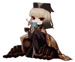  1girl black_eyes black_hair black_kimono blue_flower chibi commentary_request cup fate/grand_order fate_(series) flower gradient_hair hat holding holding_cup japanese_clothes kimono looking_at_viewer multicolored_hair nagushio sen_no_rikyu_(fate) smile solo translation_request white_hair yunomi 