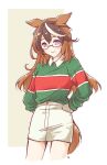  1girl alternate_costume animal_ears arms_behind_back bespectacled blush breasts brown_hair closed_mouth collarbone cropped_legs earrings glass glasses green_shirt highres horse_ears horse_girl horse_tail jewelry long_hair long_sleeves looking_at_viewer mon_momu multicolored_hair semi-rimless_eyewear shirt single_earring skirt small_breasts smile solo streaked_hair symboli_rudolf_(umamusume) tail umamusume violet_eyes white_skirt 