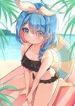  1girl absurdres arona_(blue_archive) bangs bare_shoulders bikini black_bikini blue_archive blue_eyes blue_hair blunt_bangs blush breasts closed_mouth collarbone commentary_request feet full_body hair_over_one_eye hair_over_shoulder halterneck headband highres innertube legs long_hair looking_at_viewer multicolored_hair narurock8925 ocean outdoors pink_hair sitting small_breasts smile solo streaked_hair swimsuit wariza white_headband 