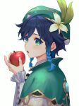  1boy 39_iduki androgynous apple bangs beret black_hair blue_hair braid capelet collared_capelet commentary fingernails flower food from_side fruit genshin_impact gradient_hair green_capelet green_eyes green_headwear hat hat_flower highres holding holding_food holding_fruit long_sleeves looking_at_viewer looking_to_the_side male_focus multicolored_hair open_mouth shiny shiny_hair shirt short_hair_with_long_locks side_braids simple_background solo symbol-only_commentary twin_braids twitter_username upper_body venti_(genshin_impact) white_background white_flower white_shirt 