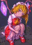  blonde_hair dress flandre_scarlet frills hat mary_janes necktie red_dress red_eyes red_ribbon ribbon shoes side_ponytail touhou wings yellow_necktie 