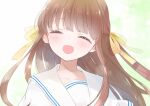  1girl :d blush brown_hair closed_eyes facing_viewer fruits_basket hair_ribbon head_tilt highres honda_tooru long_hair miyama_rikka open_mouth ribbon school_uniform serafuku smile solo white_background white_serafuku yellow_ribbon 