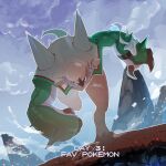  blue_sky charging_forward chesnaught day highres looking_at_viewer no_humans nyantcha outdoors pokemon pokemon_(creature) red_eyes running sky 