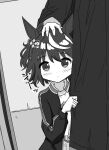  1girl absurdres aged_down animal_ears blush casual commentary_request gryebooks hair_ornament headpat highres horse_ears horse_girl jacket kitasan_black_(umamusume) looking_at_viewer medium_hair monochrome peeking_out solo solo_focus umamusume 