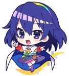  1girl :d bag bangs cape chibi full_body highres index_finger_raised leg_up long_sleeves looking_at_viewer multicolored_clothes multicolored_hairband open_mouth purple_footwear purple_hair short_hair simple_background smile solo tenkyuu_chimata touhou violet_eyes white_background white_cape yoriteruru zipper 