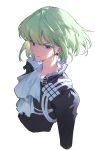  absurdres androgynous ascot bangs black_jacket closed_mouth from_above green_hair highres jacket kurasamerukia lio_fotia long_sleeves male_focus promare short_hair sidelocks simple_background studded upper_body violet_eyes white_ascot white_background 