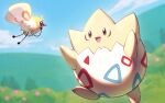  :d blurry clouds commentary_request cutiefly day naoki_eguchi no_humans open_mouth outdoors pokemon pokemon_(creature) sky smile togepi tongue 