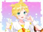  1boy :d bangs blonde_hair blue_eyes blush collared_shirt elbow_pads fang gradient gradient_background hair_ornament headset highres kagamine_len looking_at_viewer male_focus multicolored_hair nail_polish necktie open_mouth ponytail rooibos sailor_collar shirt short_sleeves skin_fang smile solo star_(symbol) star_ornament streaked_hair vocaloid w white_hair wrist_cuffs 