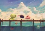 blipper blue_sky blush character_request clouds day goggles gooey_(kirby) highres kirby kirby_(series) long_tongue looking_at_another open_mouth outdoors pier revision sky smile suyasuyabi tongue tongue_out 