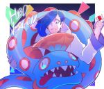  1boy blue_eyes blue_hair character_request closed_mouth coat gift_art hair_over_one_eye hands_up happy_birthday highres holding holding_poke_ball long_sleeves nyantcha one_eye_covered poke_ball poke_ball_(basic) pokemon pokemon_(creature) signature white_coat 