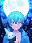  1boy blue_eyes blue_hair blue_hoodie blue_theme colon_(stpri) crying crying_with_eyes_open facing_viewer full_moon highres hodaka_sio holding holding_stuffed_toy hood hood_down hoodie long_sleeves looking_up male_focus moon open_mouth short_hair solo strawberry_prince stuffed_animal stuffed_bunny stuffed_toy tearing_up tears translation_request 