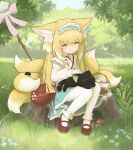 1girl =_= animal_ears arknights black_cat blonde_hair blue_skirt blush brown_footwear cat chack520 day flower forest fox_ears fox_girl fox_tail frilled_skirt frills full_body grass green_hair hair_down highres kitsune leaf long_hair multicolored_hair multiple_tails nature neck_ribbon official_alternate_costume outdoors petting red_ribbon ribbon shirt shoes sitting skirt smile solo streaked_hair suzuran_(arknights) suzuran_(spring_praise)_(arknights) tail tree_stump white_flower white_hair white_shirt