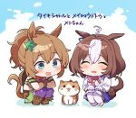  :d ^_^ ahoge animal_ears between_breasts blue_eyes blush breasts brown_footwear brown_gloves brown_hair cat character_name chibi closed_eyes cowboy_western gloves hair_ornament hairband highres horse_ears horse_girl horse_tail large_breasts light_brown_hair looking_at_another looking_at_viewer medium_hair meisho_doto_(umamusume) multicolored_hair pantyhose pink_hairband ponpoko ponytail purple_thighhighs real_life red_scarf scarf short_hair smile squatting star_(symbol) star_hair_ornament strap_between_breasts taiki_shuttle_(umamusume) tail thigh-highs two-tone_hair umamusume white_gloves white_hair white_pantyhose 