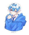  1boy blue_eyes blue_hair blue_hoodie blue_necktie closed_mouth collared_shirt colon_(stpri) finger_to_mouth highres hodaka_sio hood hoodie long_sleeves looking_at_viewer male_focus necktie one_eye_closed shirt short_hair shushing solo strawberry_prince white_background white_shirt 