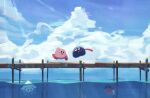  blipper blue_sky blush character_request clouds day goggles gooey_(kirby) highres kirby kirby_(series) long_tongue looking_at_another open_mouth outdoors pier sky smile suyasuyabi tongue tongue_out 