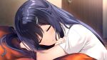  1girl akebi_saki amaemi-longing_for_you- black_hair blurry blurry_background closed_eyes game_cg hair_ornament hairclip indoors long_hair open_mouth oryo_(oryo04) shiny shiny_hair shirt short_sleeves sleeping solo upper_body white_shirt 