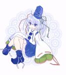  1girl bangs blue_eyes blue_footwear blue_headwear blue_skirt boots commentary_request fang full_body green_ribbon grey_hair hair_between_eyes hat japanese_clothes kariginu knees_together_feet_apart knees_up long_hair long_sleeves looking_at_viewer mononobe_no_futo on_floor open_mouth pom_pom_(clothes) ponytail red_ribbon ribbon sitting skin_fang skirt sleeves_past_fingers sleeves_past_wrists solo tate_eboshi tatutaniyuuto touhou white_ribbon wide_sleeves 