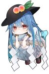 1girl black_headwear blue_hair chibi closed_mouth food fruit full_body hat highres hinanawi_tenshi keystone leaf long_hair looking_at_viewer lying on_stomach peach puffy_short_sleeves puffy_sleeves red_eyes short_sleeves simple_background touhou tsune_(tune) white_background