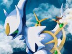  above_clouds arceus charizard clouds commentary_request dragon flame-tipped_tail flying giant gogot highres horns no_humans pokemon pokemon_(creature) spikes 