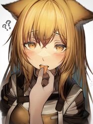  1girl ? ?? absurdres arknights blonde_hair ceobe_(arknights) commentary_request highres long_hair looking_at_viewer solo_focus tab_head teeth tongue tongue_out upper_body upper_teeth 