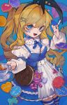  1girl :d alice_(alice_in_wonderland) alice_in_wonderland animal_ears bag bangs blonde_hair blue_dress blue_nails cheshire_cat_(alice_in_wonderland) cowboy_shot cup dress fake_animal_ears fangs food hair_ornament heart highres holding holding_cup juliet_sleeves long_hair long_sleeves nail_polish open_mouth oreo puffy_sleeves rabbit_ears smile solo striped striped_thighhighs teeth thigh-highs tira_27 tongue white_dress white_thighhighs x_hair_ornament 