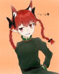  1girl :d animal_ears bow braid cat_ears dress exkasara extra_ears fangs green_dress hair_bow highres kaenbyou_rin multiple_tails orange_background pointy_ears red_eyes redhead smile solo tail touhou twin_braids 