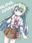  1girl alina_gray belt_pouch blunt_ends blush bow bowtie breasts green_eyes green_hair hair_between_eyes hair_rings highres jewelry komatsu_tsumako long_hair loose_bowtie magia_record:_mahou_shoujo_madoka_magica_gaiden mahou_shoujo_madoka_magica multicolored_hair open_mouth paint_stains pouch rag red_wristband ring sakae_general_school_uniform school_uniform side-tie_shirt sidelocks skirt sleeves_rolled_up small_breasts solo straight_hair streaked_hair very_long_hair wristband 