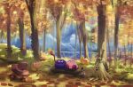  autumn_leaves character_request closed_eyes day forest gooey_(kirby) highres kirby kirby_(series) long_tongue looking_at_another looking_away nature open_mouth outdoors parted_lips sleeping smile suyasuyabi tongue tree 